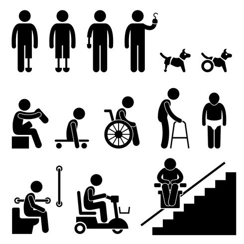 Amputee Handicap Disable Man Tool Equipment Stick Figure Pictogram Icon. vector