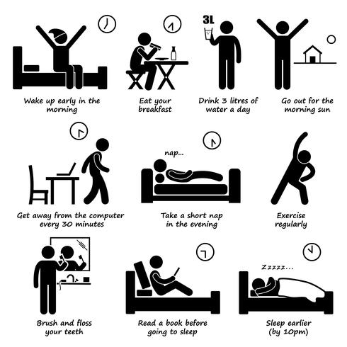 Healthy Lifestyles Daily Routine Tips Stick Figure Pictogram Icons. How to become more healthy. vector