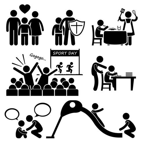 Las necesidades de los niños El amor de los padres es compatible con la figura de palo Pictogram Icon Cliparts. vector