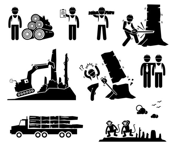 Trabajador maderero maderero Deforestación Stick Figure Pictogram Icons. vector