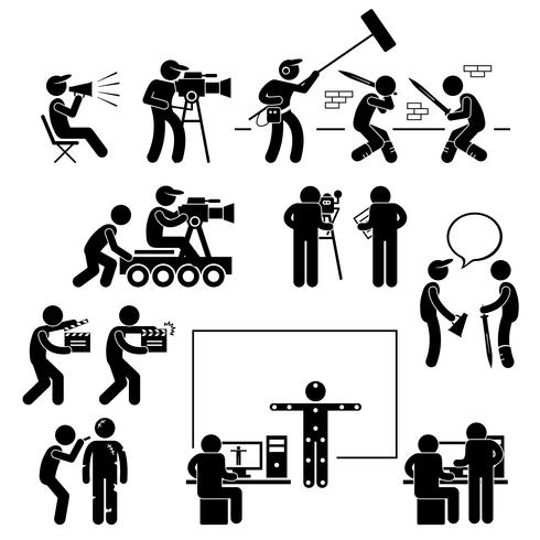 Director Hacer rodaje Producción de película Actor Stick Figure Pictogram Icon. vector