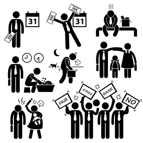 Trabajador Empleado Salario Salario Problema financiero Stick Figure Pictogram Icon Cliparts. vector