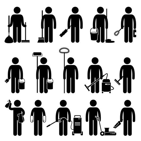 Hombre más limpio con herramientas de limpieza y equipos Stick Figure Pictogram Icons. vector