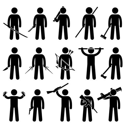 Man Holding and Using Weapons Stick Figure Pictogram Icons. vector