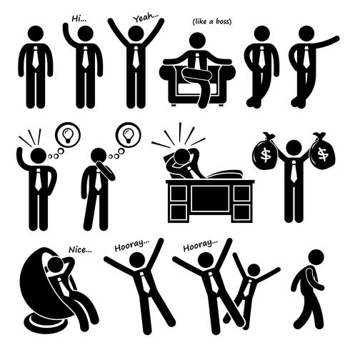 Hombre de negocios feliz exitoso Poses Stick Figure pictograma iconos. vector