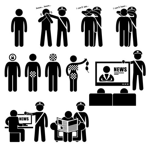 Censura Censura Gobierno Restricciones a los medios de comunicación Stick Figure Pictogram Icon. vector