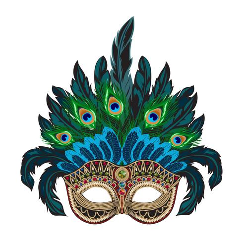 Vector blue ornate Venetian carnival mask with colorful feathers