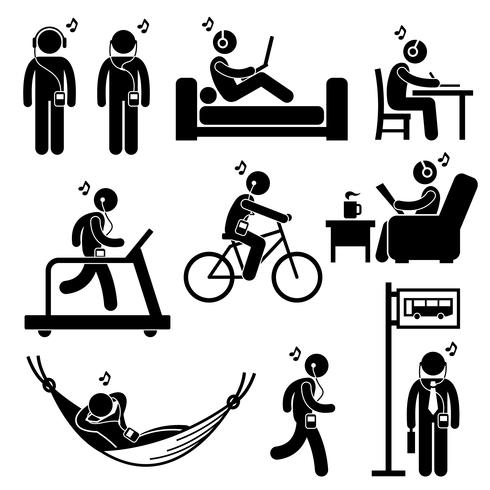 Man Listening to Music with Earphone Headphone Stick Figure Pictogram Icons. vector