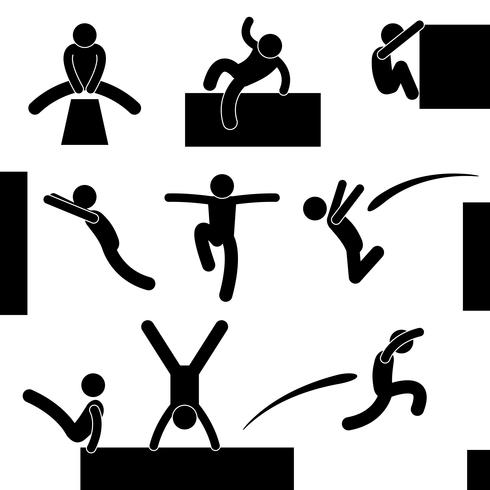 Hombre de Parkour que salta que sube Salto Acróbata icono símbolo signo pictograma. vector