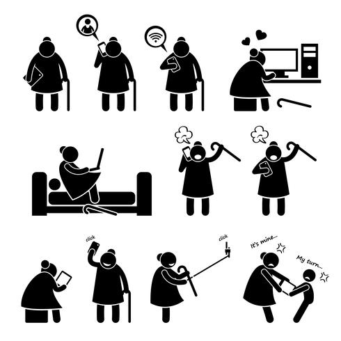 High Tech Granny Elderly Old Woman Using Computer and Smartphone Stick Figure Pictogram Icons. vector