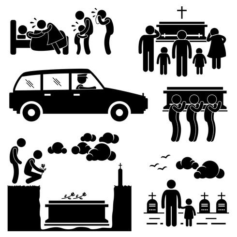 Man Funeral Burial Coffin Death Dead Died Stick Figure Pictogram Icon. vector