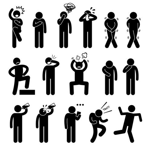 Human Action Poses Postures Stick Figure Pictogram Icons. vector