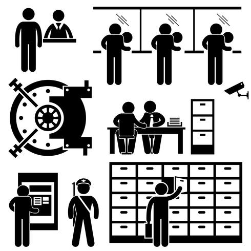 Bank Business Finance Worker Staff Agent Consultant Customer Security Stick Figure Pictogram Icon. vector