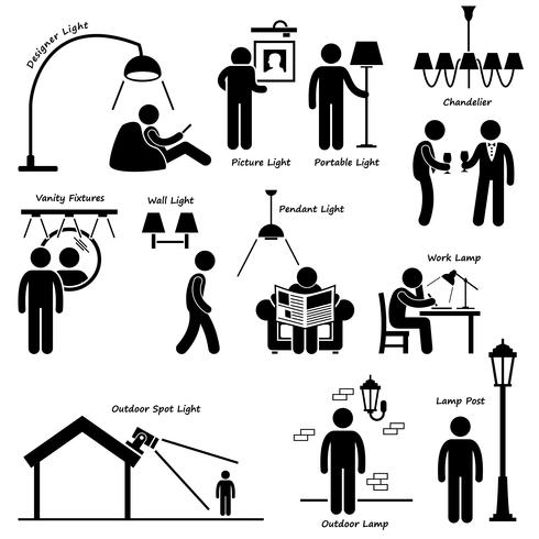 Home House Lighting Lamp Designs Stick Figure Pictogram Icon Cliparts. vector