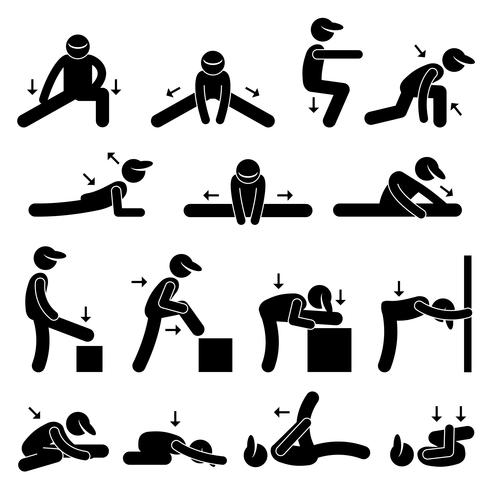 Estiramiento del cuerpo ejercicio Stick figura pictograma icono. vector