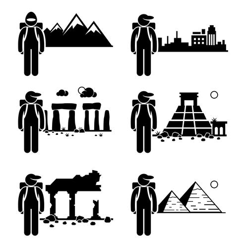 Explorer Adventure at Snow Mountain City Ancient Ruins Stone Temple Egypt Pyramid Stick Figure Pictogram Icon. vector