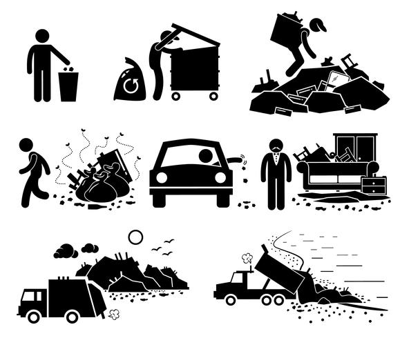 Rubbish Trash Garbage Waste Dump Site Stick Figure Pictogram Icons vector