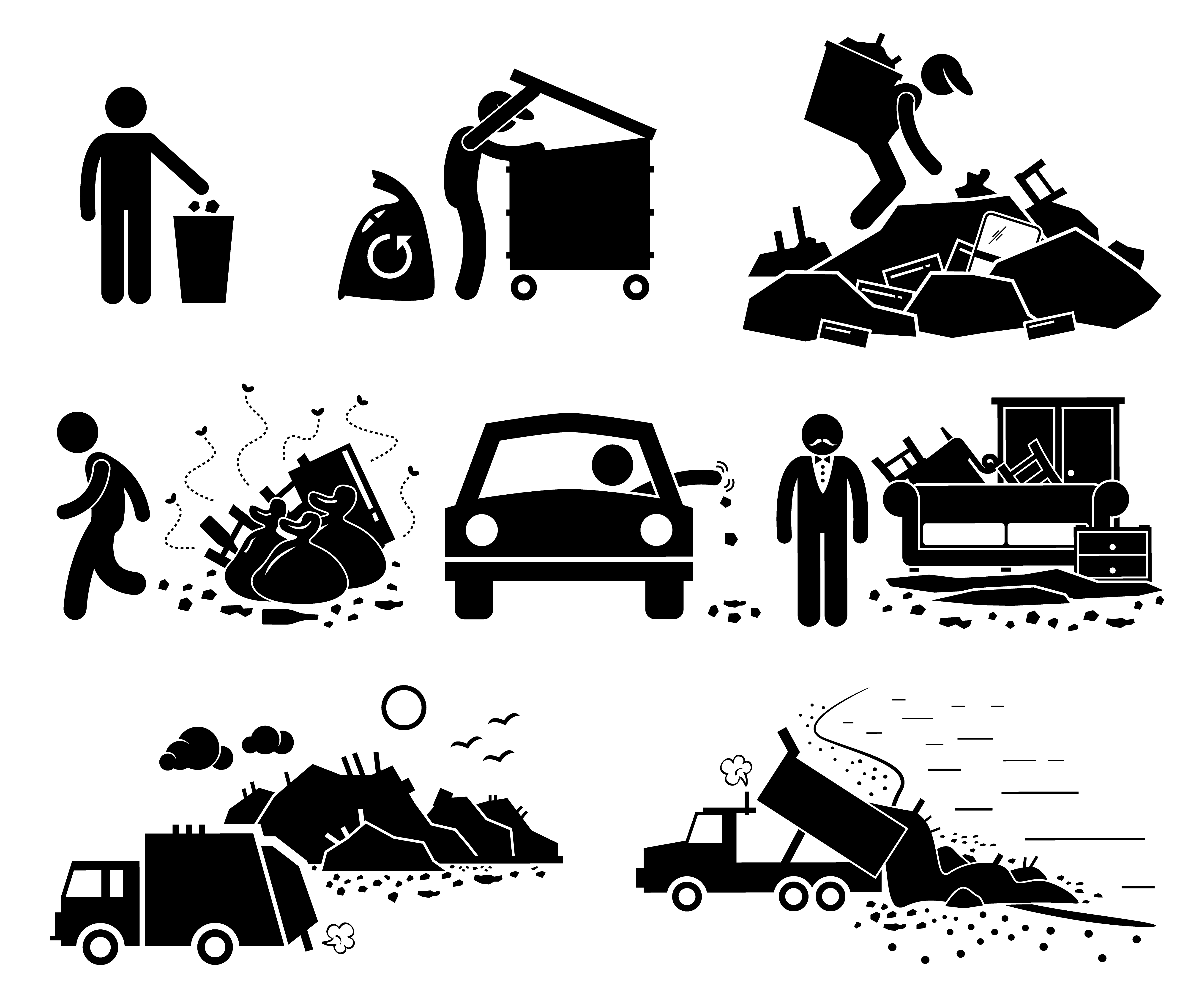 Rubbish Trash Garbage Waste Dump Site Stick Figure Pictogram Icons