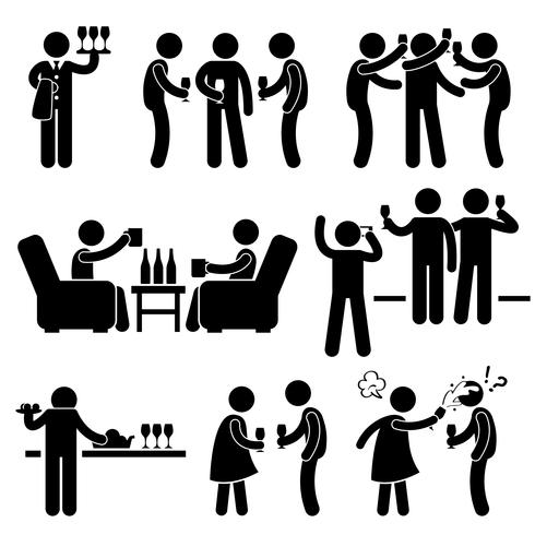 Cocktail Party Man Friend Gathering Enjoying Wine Beer Stick Figure Pictogram Icon. vector