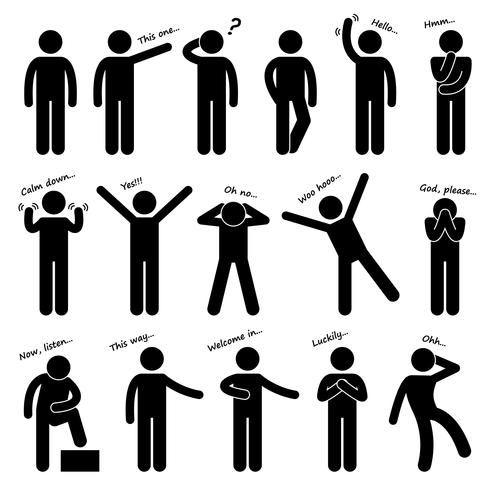 Man Person Basic Body Language Posture Stick Figure Pictogram Icon. vector