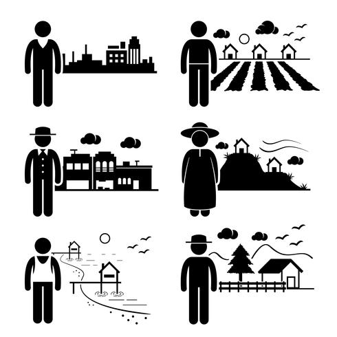 People in City Cottage House Small Town Highlands Seaside Village Home Stick Figure Pictogram Icon. vector