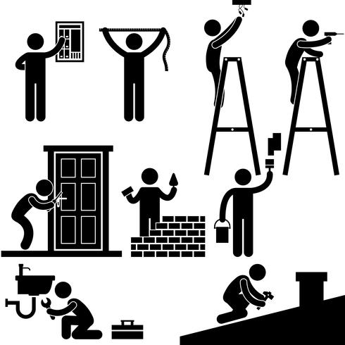 Handyman Electrician Locksmith Contractor Working Fixing Repair House Light Roof Icon Symbol Sign Pictogram. vector