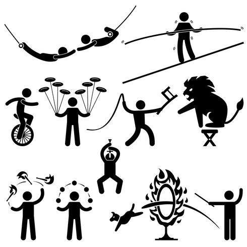 Circus Performers Acrobat Stunt Animal Man Stick Figure Pictogram Icon. vector