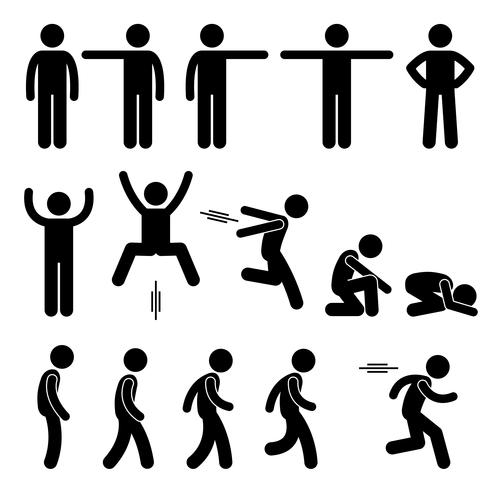 Human Action Poses Postures Stick Figure Pictogram Icons. vector