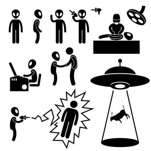 UFO Alien Invaders Stick Figure Pictogram Icon. vector