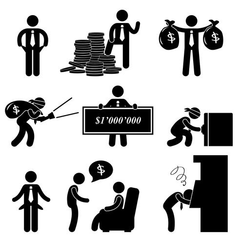 Rich Poor Success Failure Desperate Businessman Icon Symbol Sign Pictogram. vector