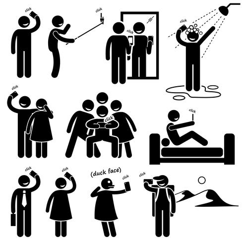 Selfie Stick Figure Pictogram Icons. vector