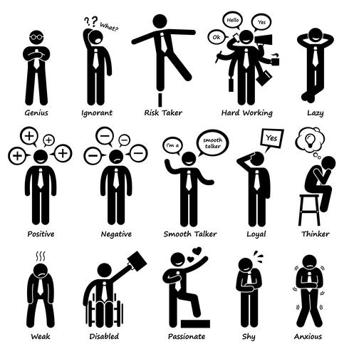 Figura de pictograma iconos de figura de hombre de negocios de actitud personalidades personajes. vector
