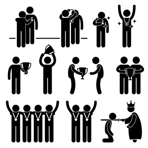 Man Receiving Award Trophy Medal Reward Prize Knighted Honour Honor Ceremony Event Stick Figure Pictogram Icon. vector