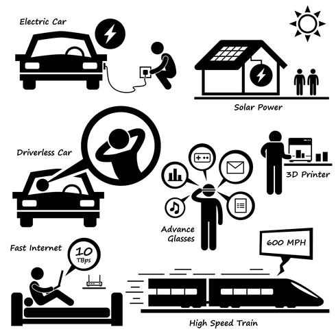 Tecnología avanzada del futuro Stick Figure pictograma icono Cliparts. vector