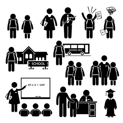 Student Teacher Headmaster School Children Stick Figure Pictogram Icon Clipart. vector