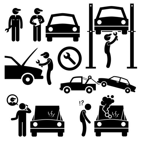 Car Repair Services Workshop Mechanic Stick Figure Pictogram Icons. vector