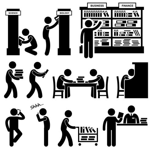 Library Librarian Bookstore Student Pictograms. vector