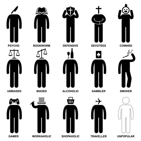 Hombre Característica Comportamiento Mente Identidad Stick Figura Pictograma Icono. vector