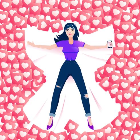 Girl blogger makes a snow angel in the like of social networks vector