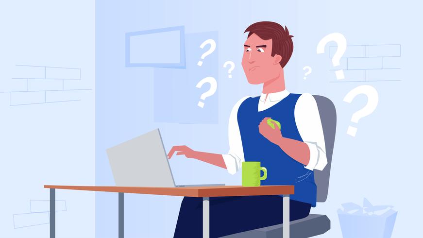 A freelance man works at a computer vector