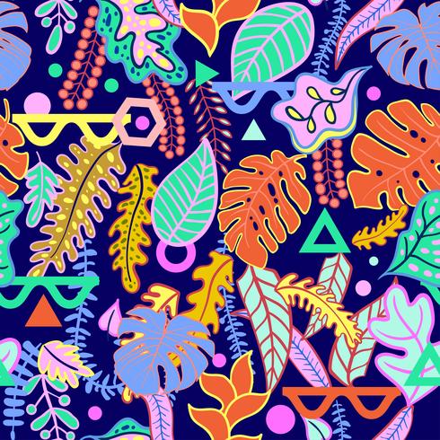 Tropical vibrant tropical leaves seamless pattern. vector