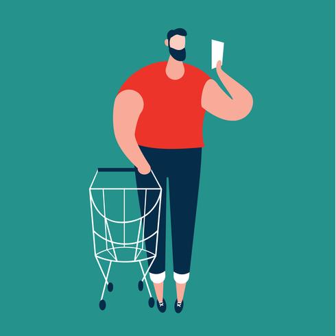 Man checking shopping list and carrying shopping trolley at supermarket. vector