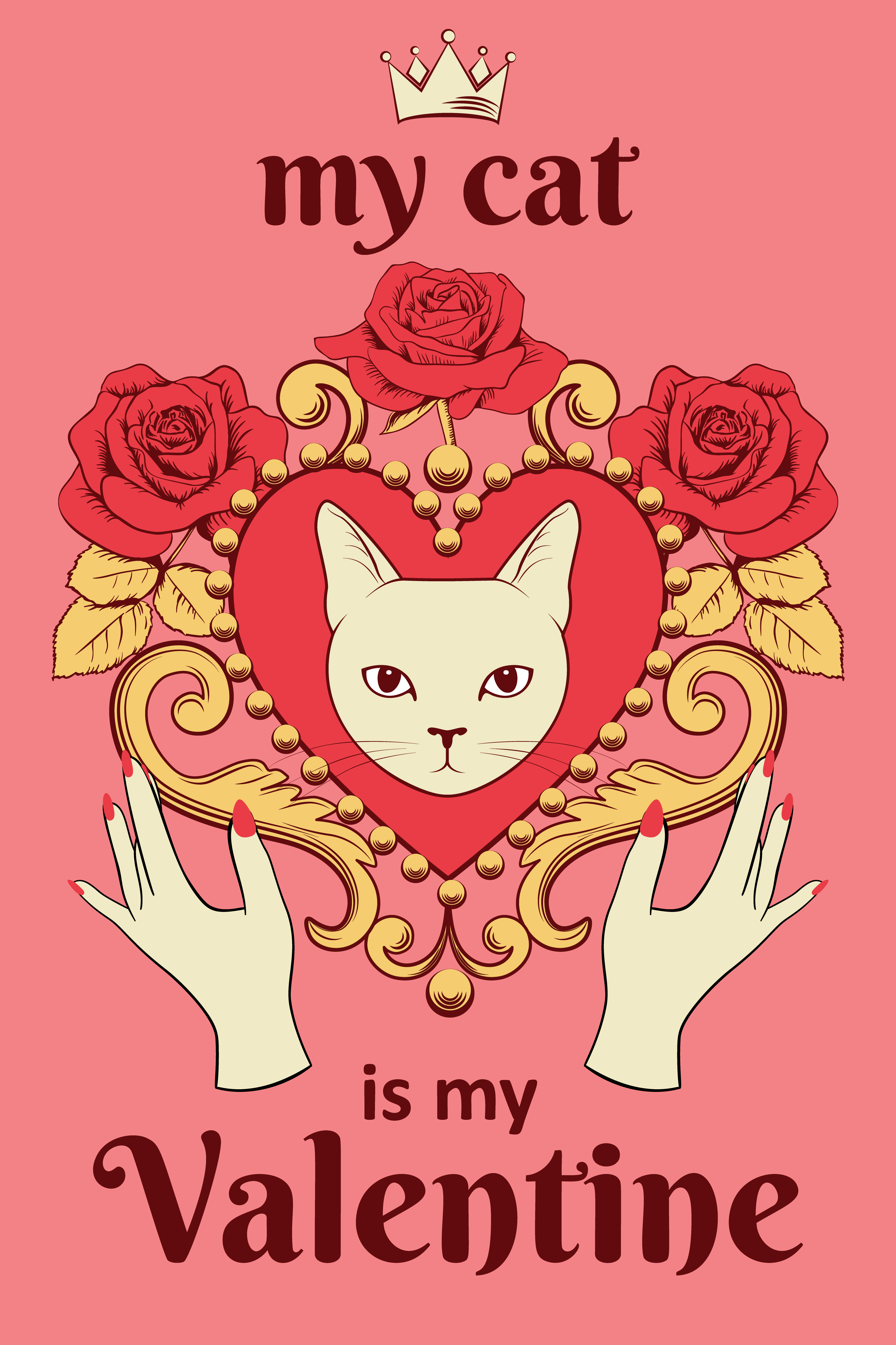 Valentine card concept. White cat face in ornamental ...