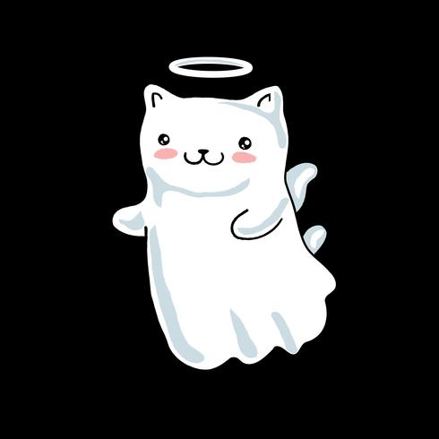 Gato de dibujos animados representado como un angelito con alas y halo en estilo kawaii japonés. Aislado en el fondo negro. vector