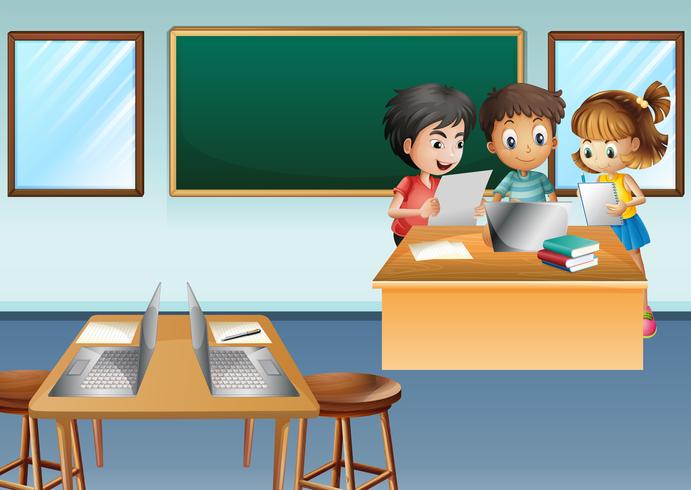 Three kids working on computer in class vector