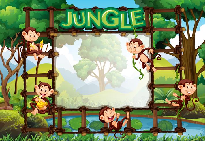 Border template with monkeys in jungle vector