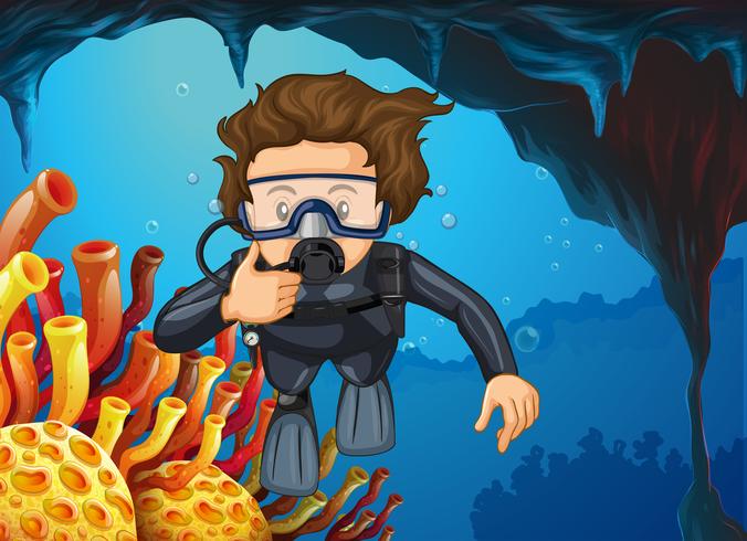 Scuba diver diving under the ocean vector