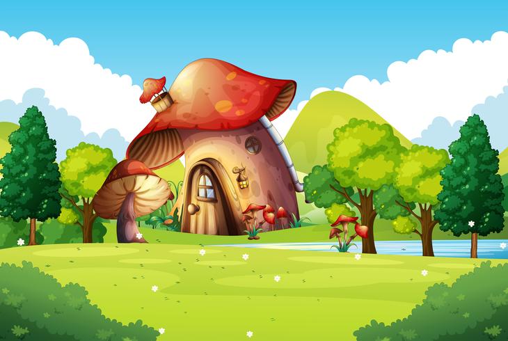 Mushroom house in the field vector