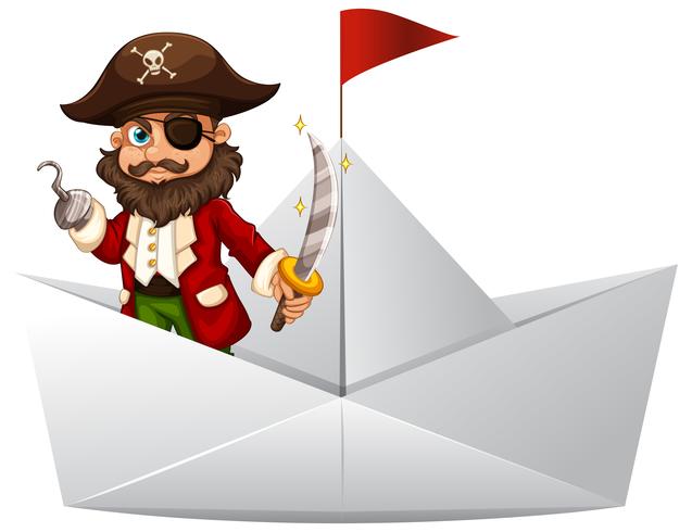 Pirate with sword standing on paper boat vector