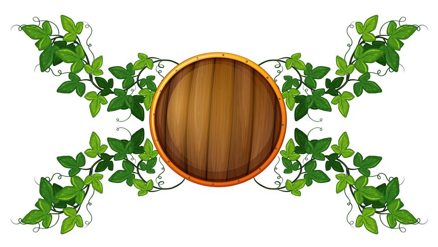 Plantilla de etiqueta con escudo redondo de madera y vid. vector